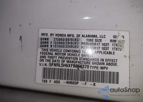 2015 Honda Odyssey Ex-L из США, поврежденный, VIN 5FNRL5H6XFB068370